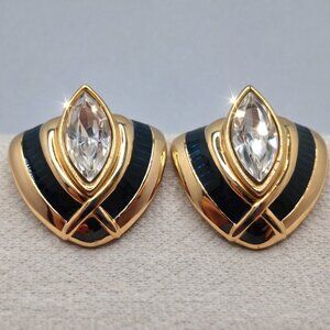 Swarovski Dark Green & Clear Marquise Crystal Earrings Gold Plated Vintage SAL